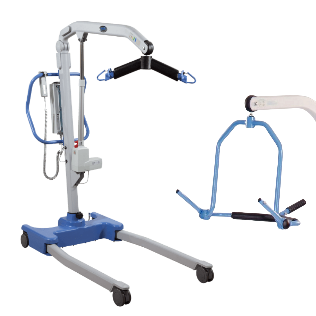The Joerns Hoyer Presence® Bariatric Electric Patient Lift, shown in blue and gray with wheels and a detachable sling bar, is designed for safe, comfortable transfers of individuals with limited mobility in bariatric care.